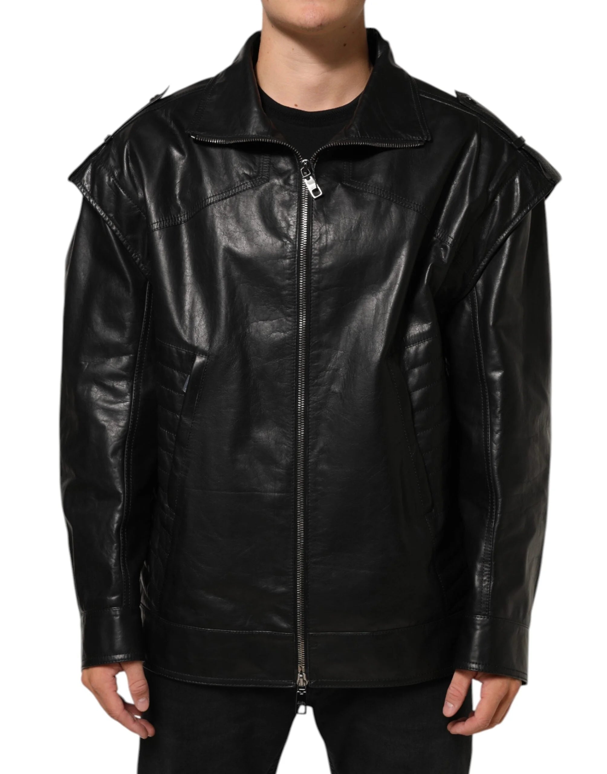Dolce & Gabbana Black Leather Full Zip Biker Blouson Jacket - IT56 | XXL - Coats & Jackets