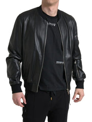 Dolce & Gabbana Black Leather Full Zip Bomber Men Jacket - IT46 | S - Bomber Jackets