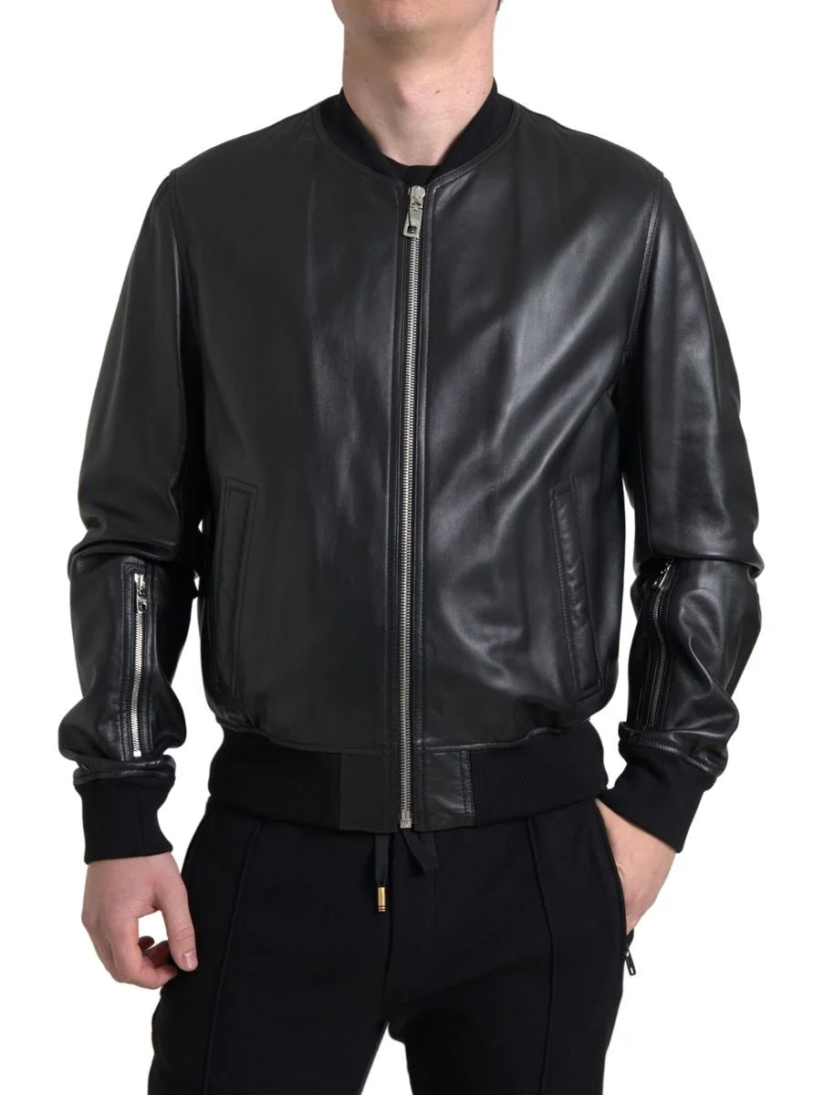 Dolce & Gabbana Black Leather Full Zip Bomber Men Jacket - IT46 | S - Bomber Jackets