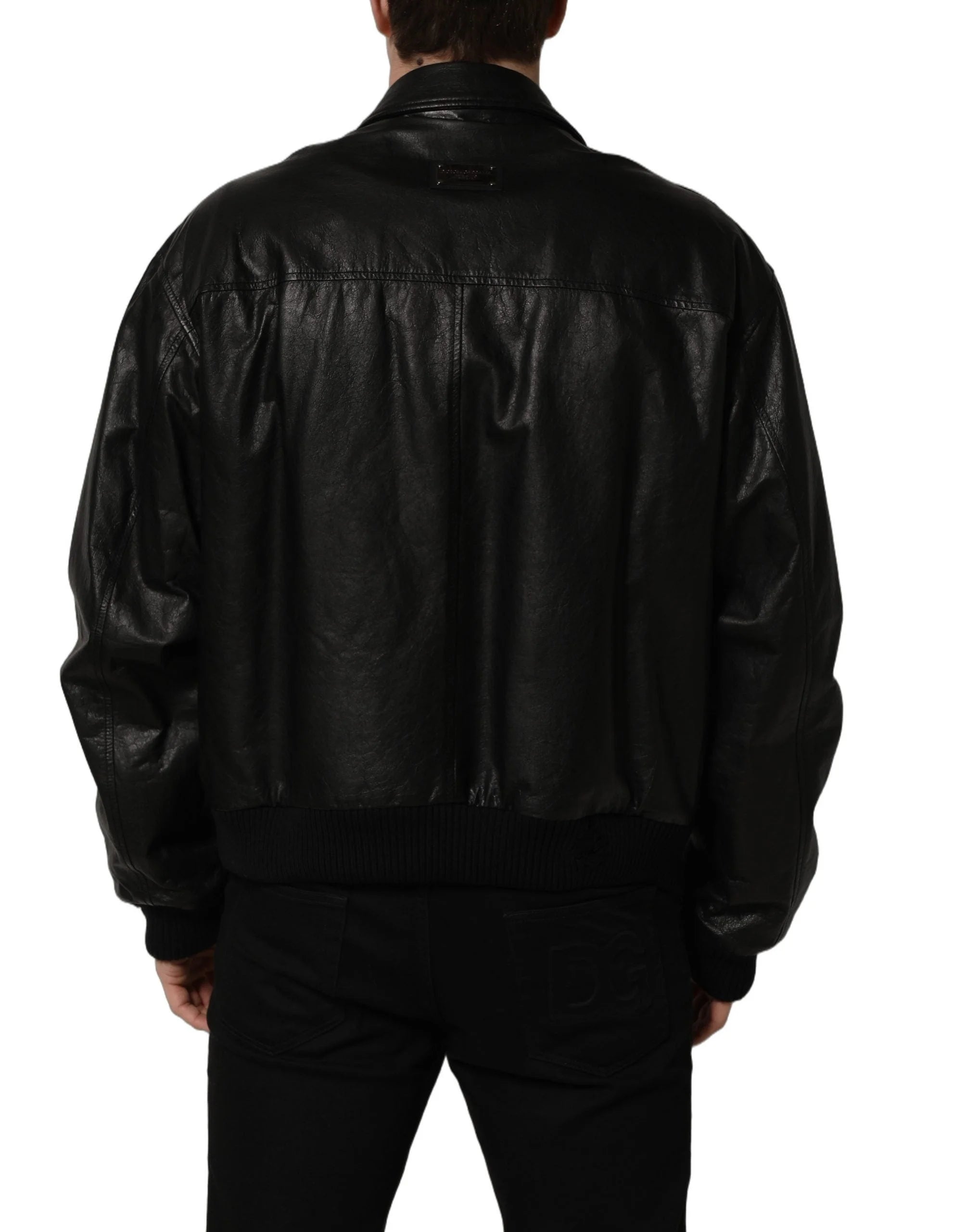 Dolce & Gabbana Black Leather Full Zip Men Biker Jacket - IT56 | XXL