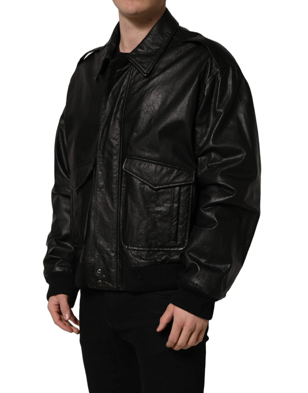 Dolce & Gabbana Black Leather Full Zip Men Biker Jacket - IT56 | XXL