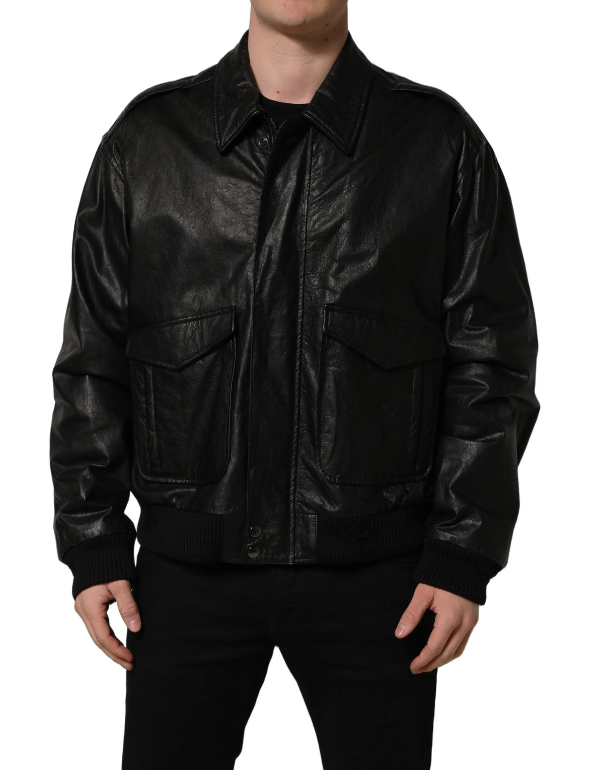 Dolce & Gabbana Black Leather Full Zip Men Biker Jacket - IT56 | XXL
