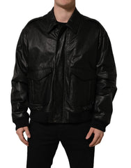 Dolce & Gabbana Black Leather Full Zip Men Biker Jacket - IT56 | XXL