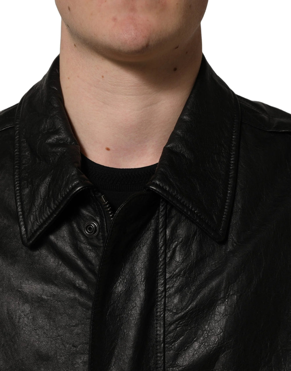 Dolce & Gabbana Black Leather Full Zip Men Biker Jacket - IT56 | XXL