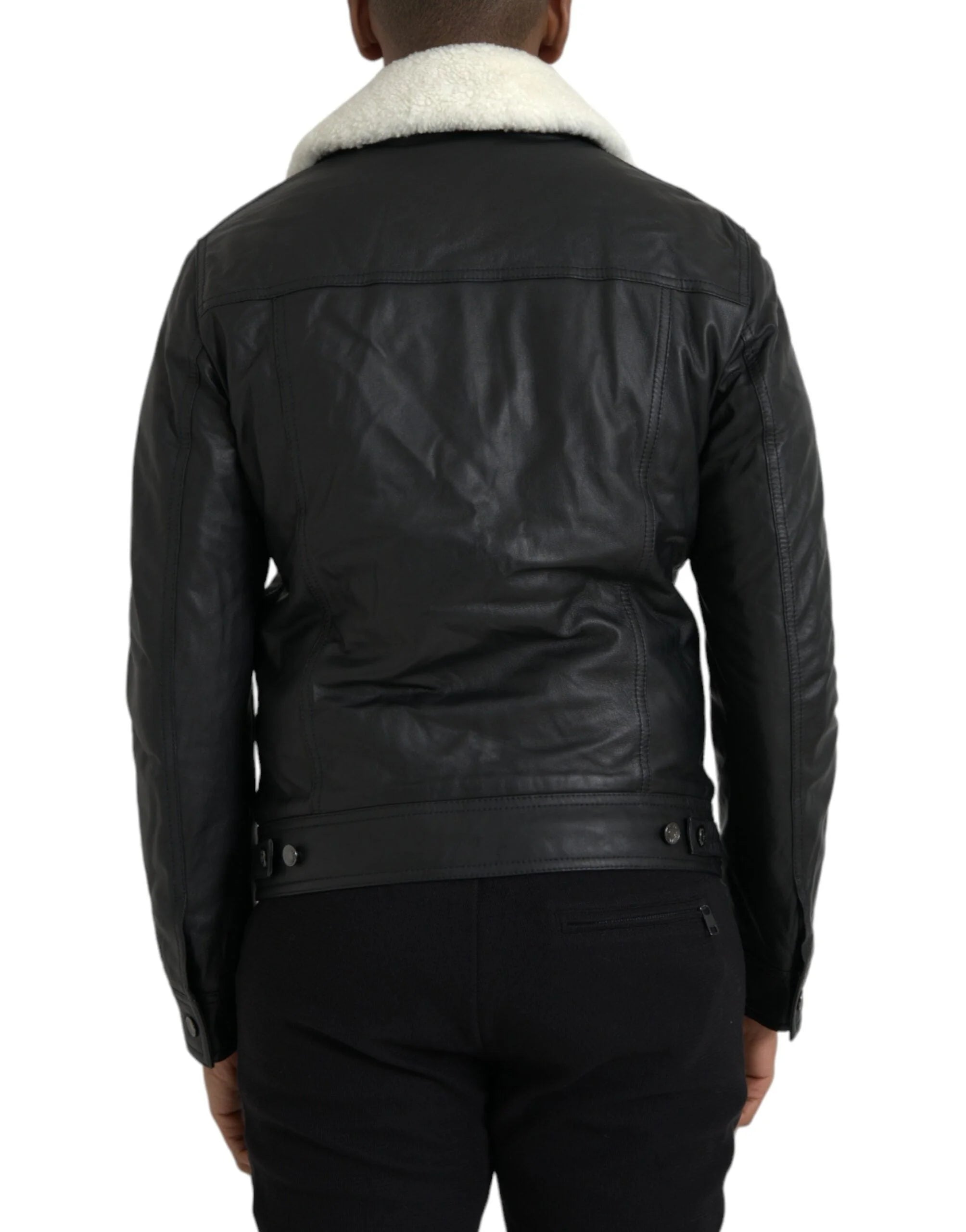 Dolce & Gabbana Black Leather Fur Collar Biker Coat Jacket - IT46 | S - Bomber Jackets