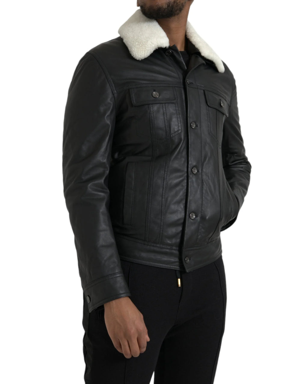 Dolce & Gabbana Black Leather Fur Collar Biker Coat Jacket - IT46 | S - Bomber Jackets