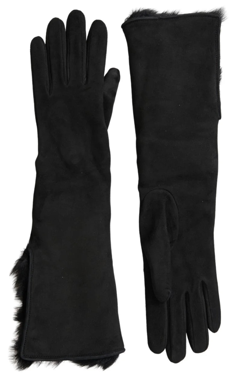 Dolce & Gabbana Black Leather Fur Elbow Length Gloves - 7|S - Gloves & Mittens