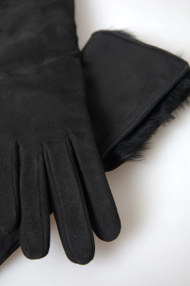 Dolce & Gabbana Black Leather Fur Elbow Length Gloves - 7|S - Gloves & Mittens