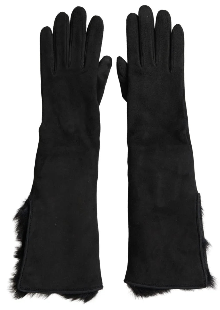 Dolce & Gabbana Black Leather Fur Elbow Length Gloves - 7|S - Gloves & Mittens