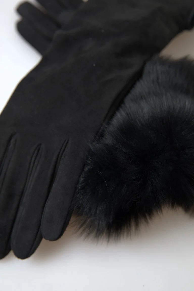 Dolce & Gabbana Black Leather Fur Elbow Length Gloves - 7|S - Gloves & Mittens
