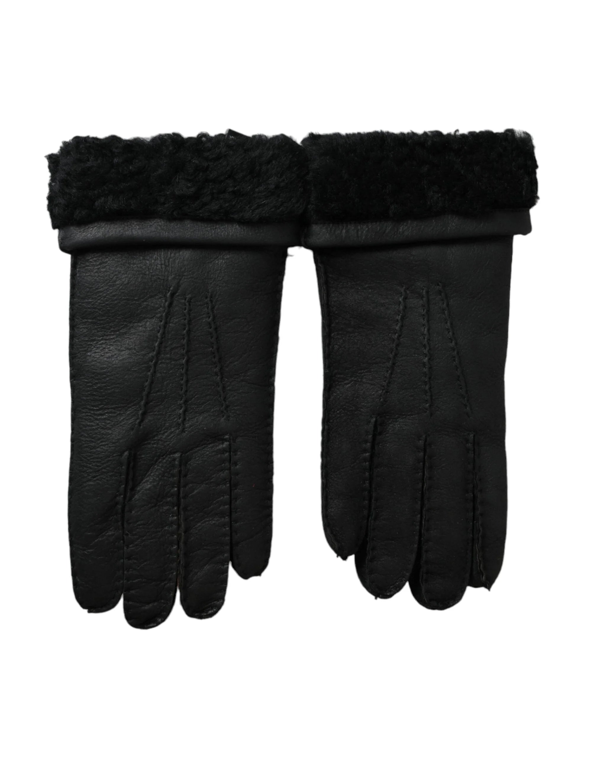 Dolce & Gabbana Black Leather Fur Short Hands Gloves - Gloves & Mittens