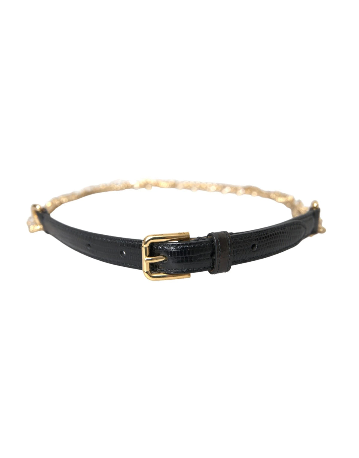 Dolce & Gabbana Black Leather Gold Chain Crystal Waist Women Belt - Belts