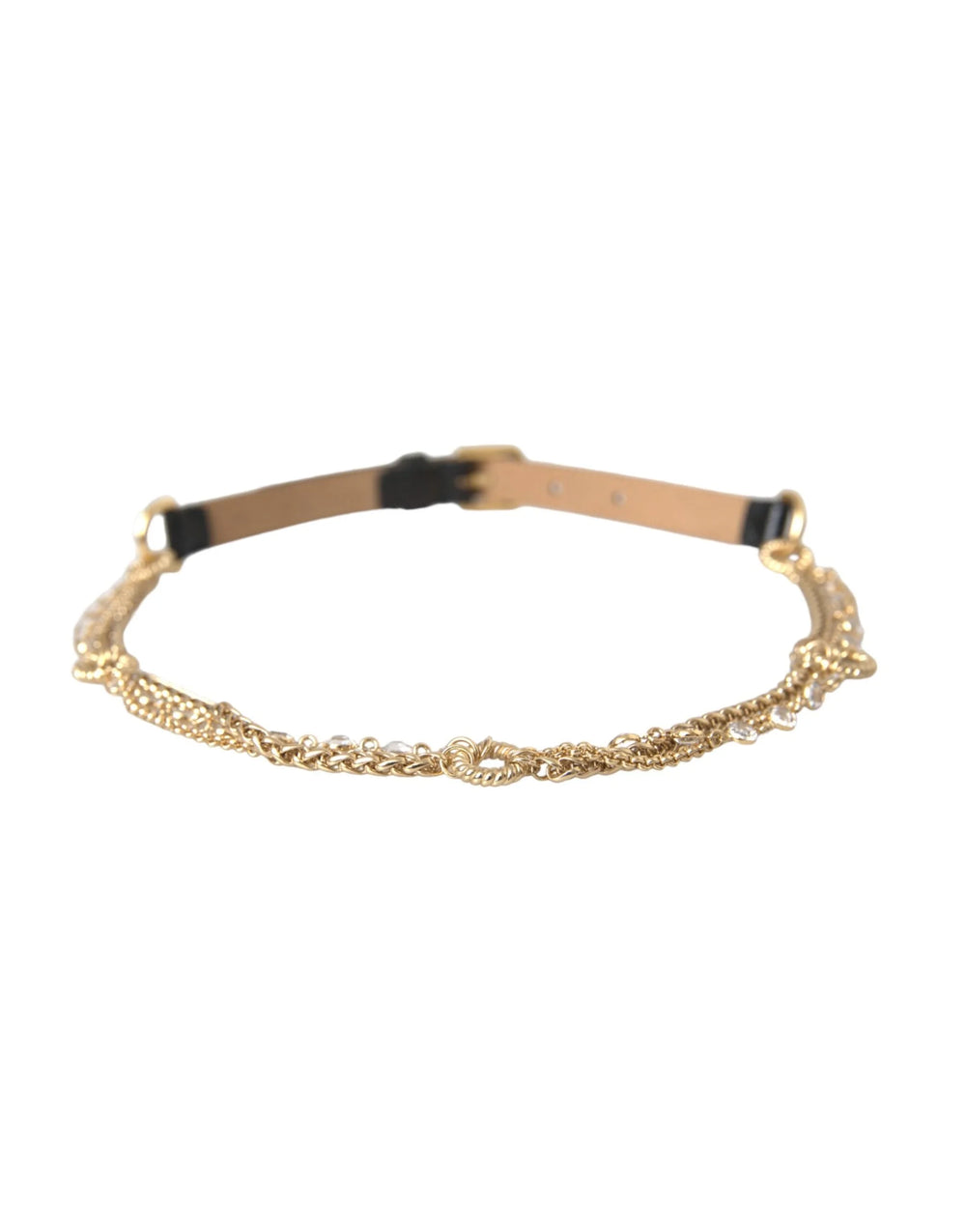 Dolce & Gabbana Black Leather Gold Chain Crystal Waist Women Belt - Belts