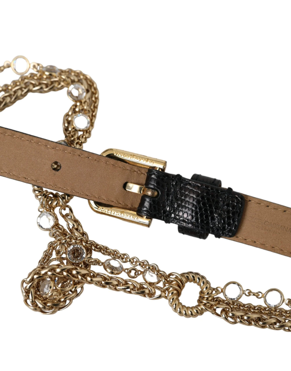 Dolce & Gabbana Black Leather Gold Chain Crystal Waist Women Belt - Belts