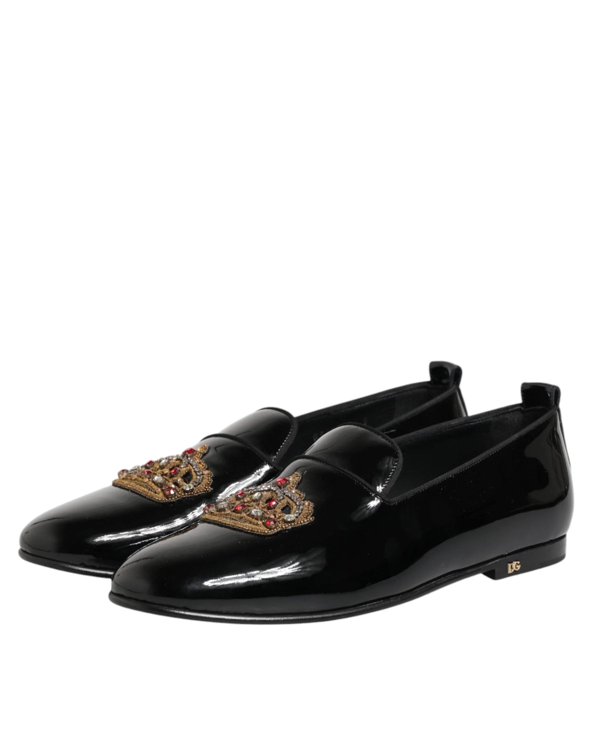 Dolce & Gabbana Black Leather Gold Crown Mens Loafers Shoes - EU43/US10