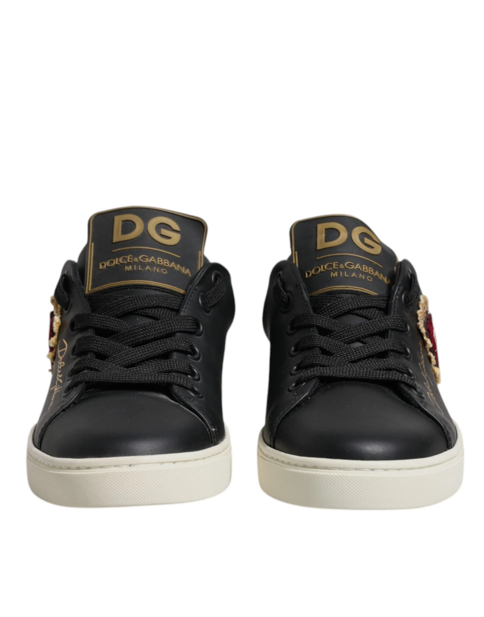Dolce & Gabbana Black Leather Gold Red Heart Sneakers Shoes - EU35/US4.5 - Sneakers