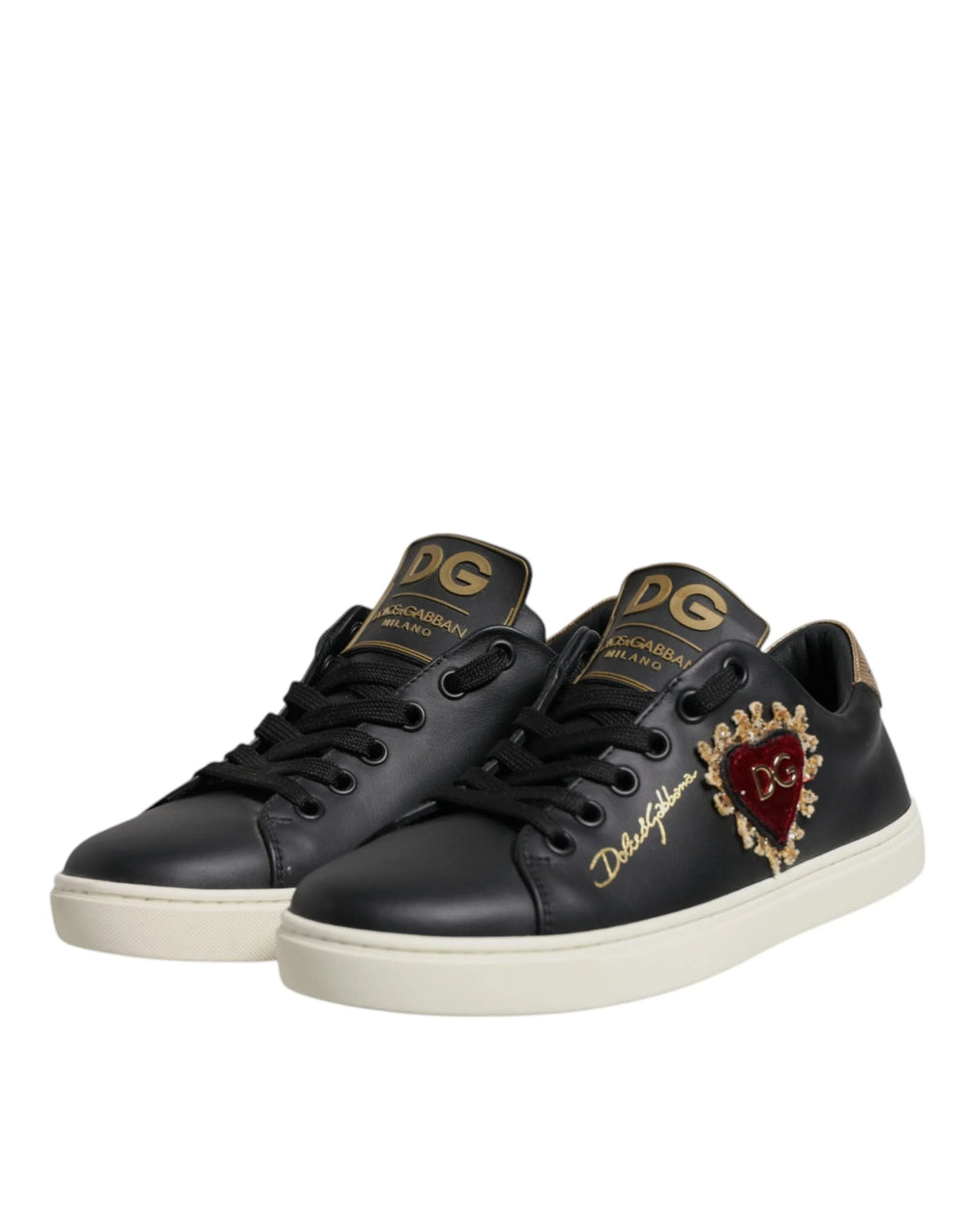 Dolce & Gabbana Black Leather Gold Red Heart Sneakers Shoes - EU35/US4.5 - Sneakers