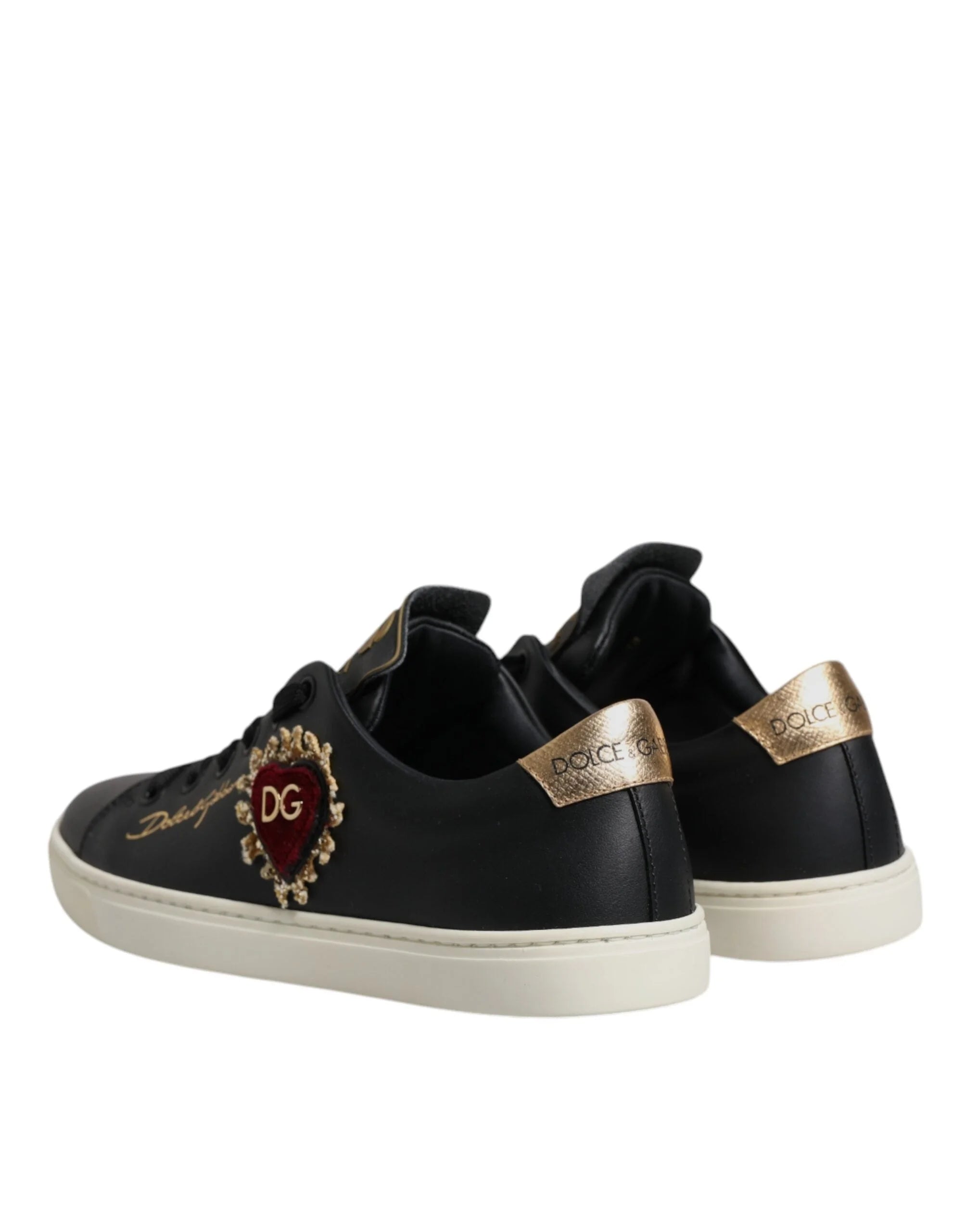 Dolce & Gabbana Black Leather Gold Red Heart Sneakers Shoes - EU35/US4.5 - Sneakers