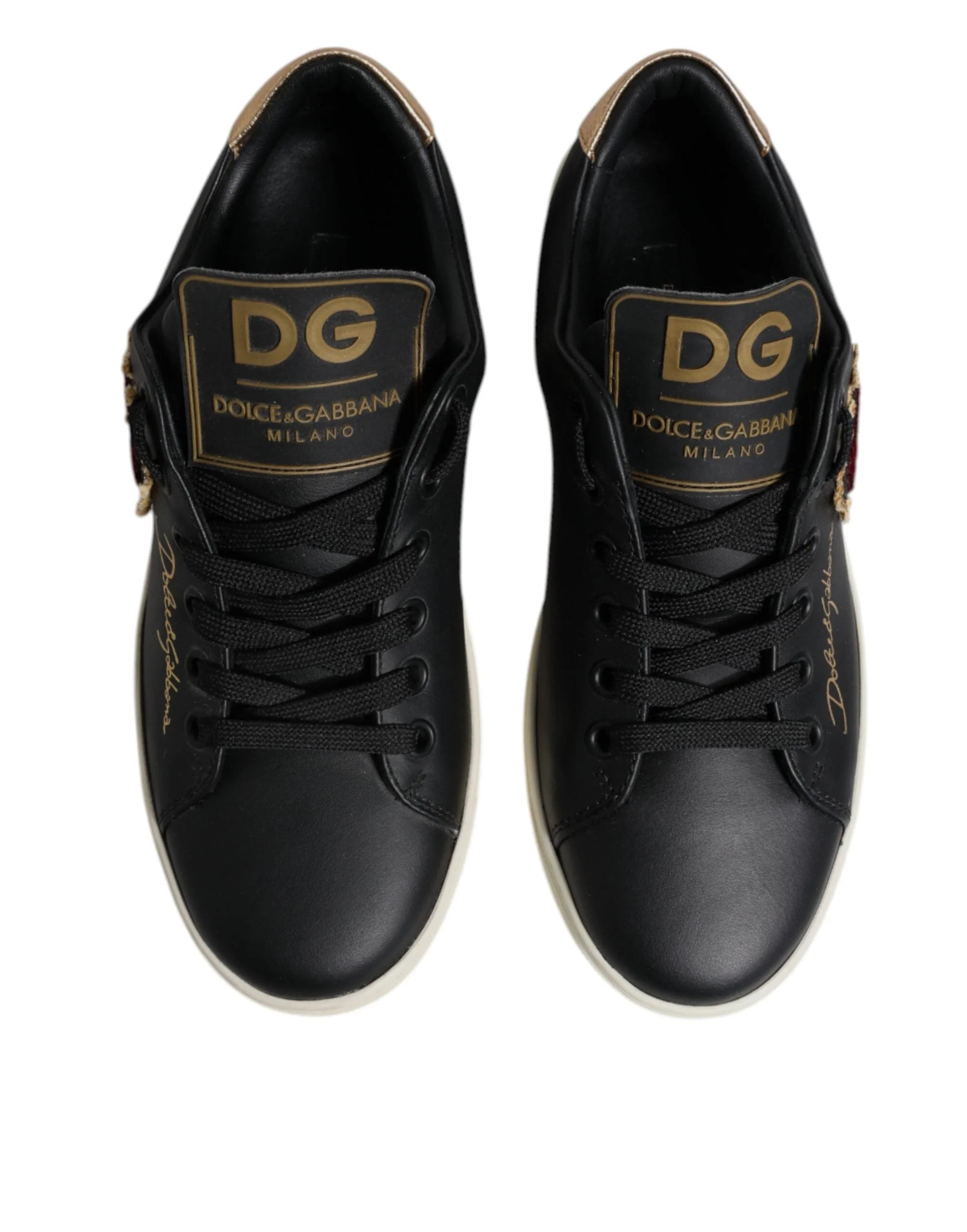 Dolce & Gabbana Black Leather Gold Red Heart Sneakers Shoes - EU35/US4.5 - Sneakers