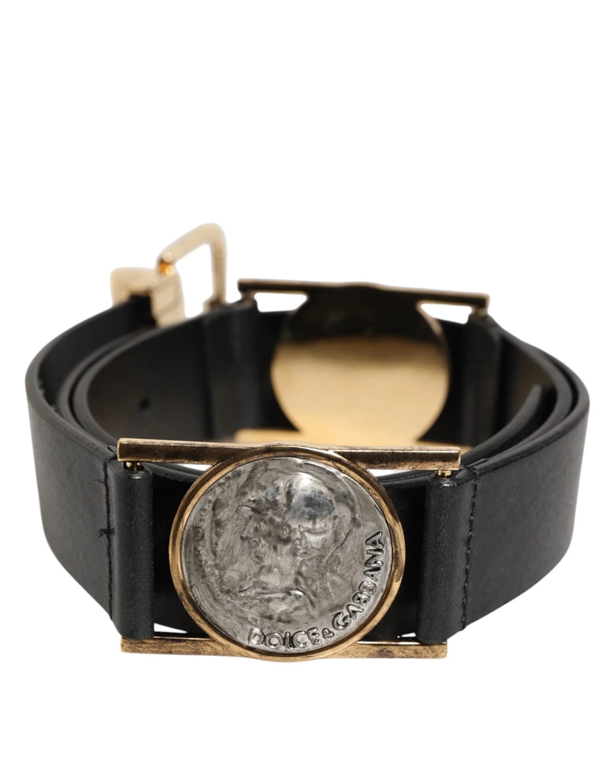 Dolce & Gabbana Black Leather Gold Silver Coin Buckle Belt - 90 cm / 36 Inches