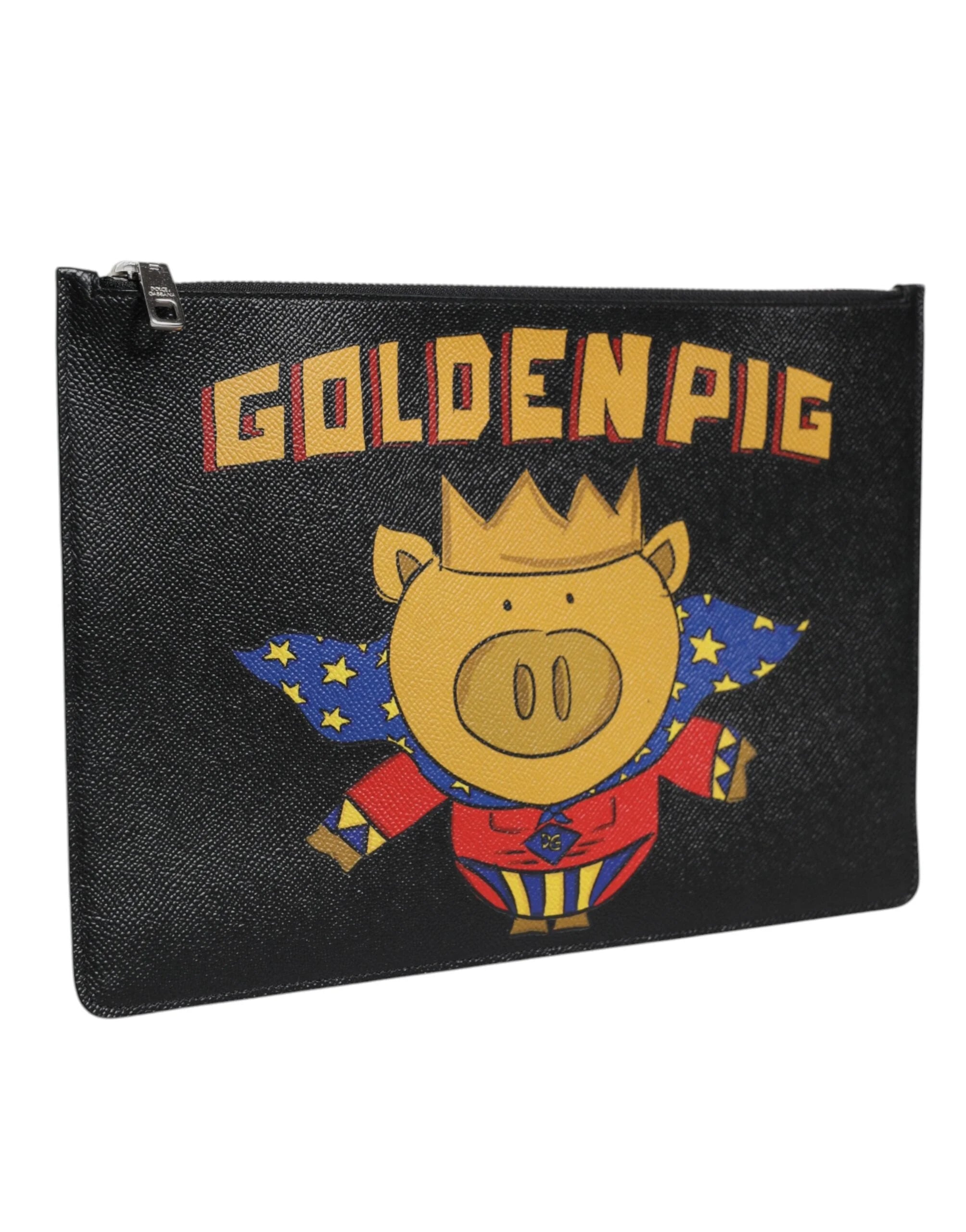 Dolce & Gabbana Black Leather Golden Pig Print Men Clutch Pouch Borse Bag - Clutch Bags