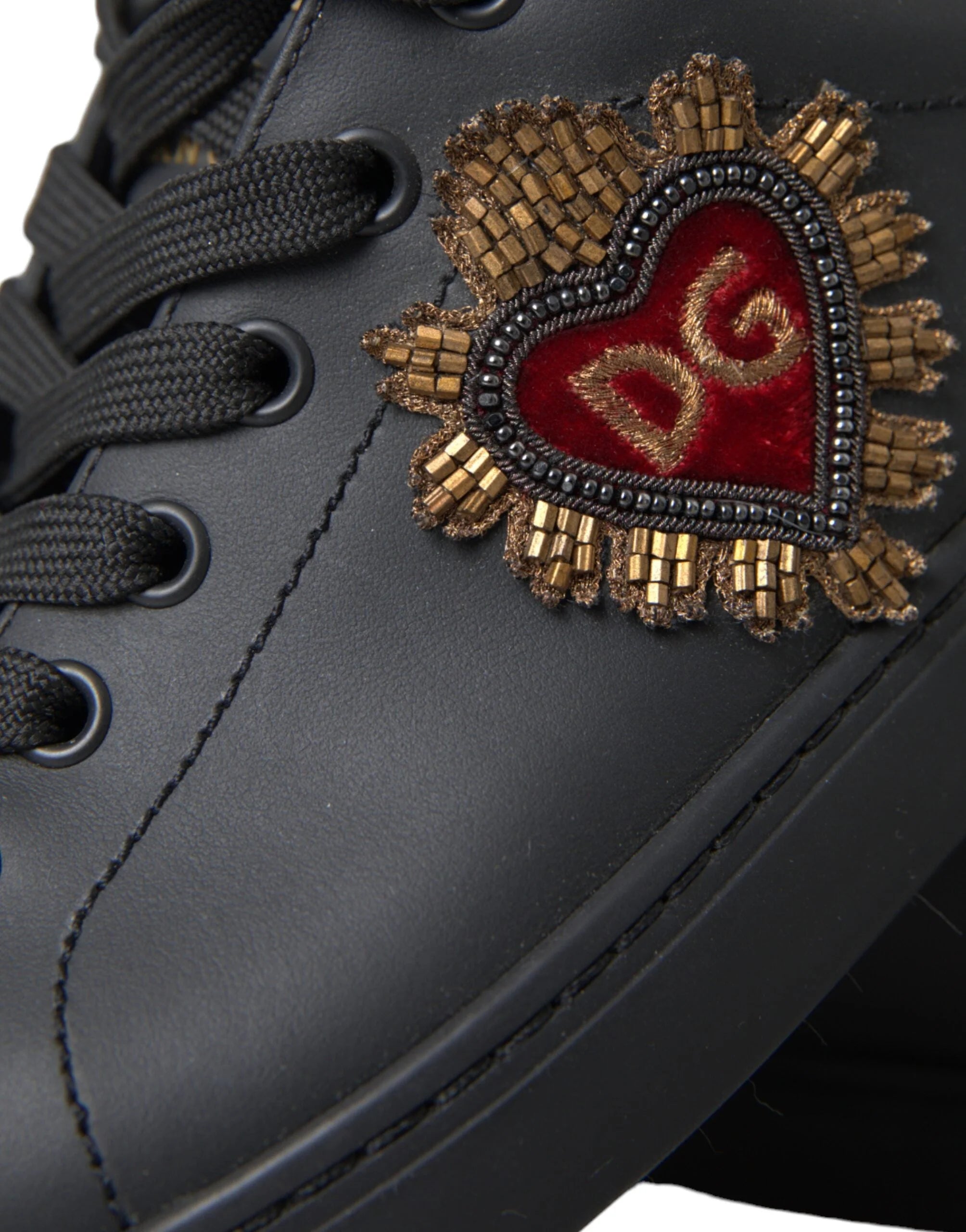 Dolce & Gabbana Black Leather Heart Embellished Sneakers Shoes - Sneakers