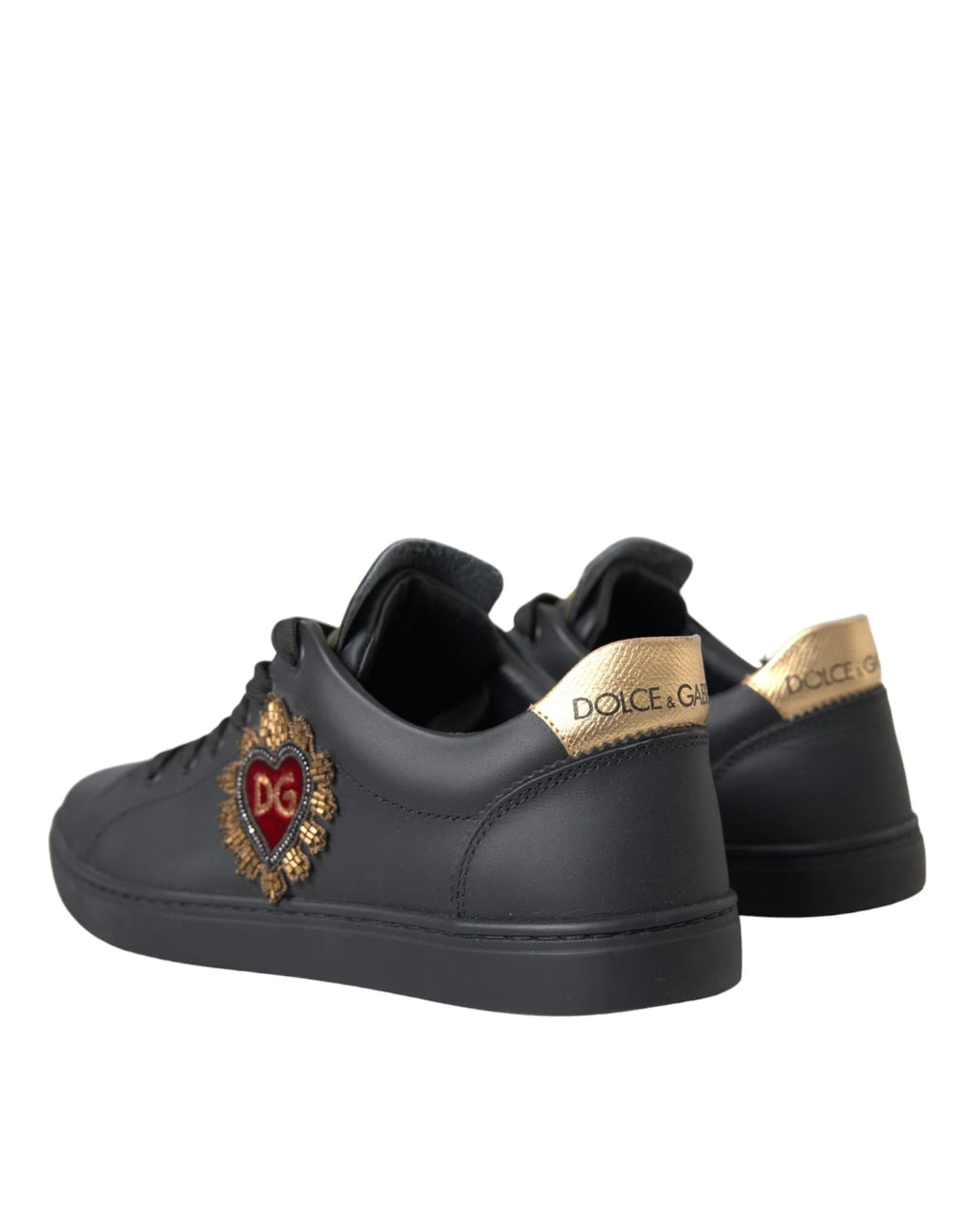 Dolce & Gabbana Black Leather Heart Embellished Sneakers Shoes - Sneakers