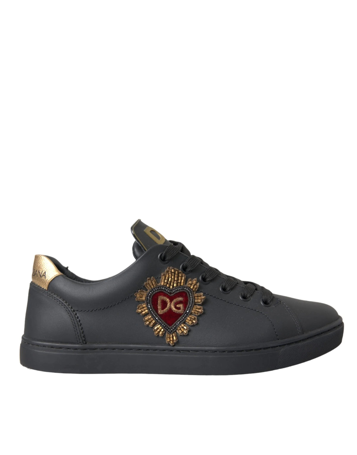Dolce & Gabbana Black Leather Heart Embellished Sneakers Shoes - Sneakers