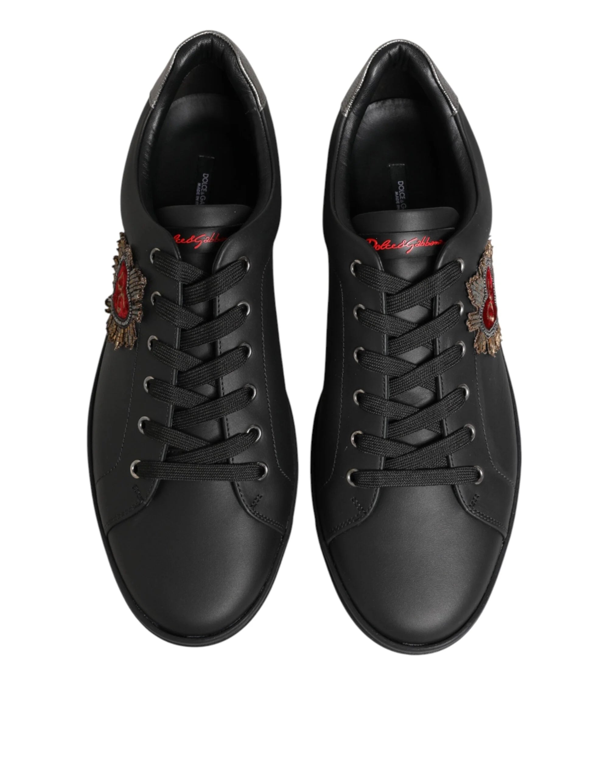 Dolce & Gabbana Black Leather Heart Embellished Sneakers Shoes
