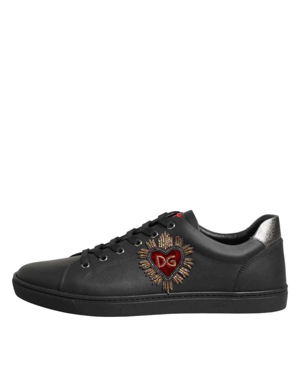 Dolce & Gabbana Black Leather Heart Embellished Sneakers Shoes