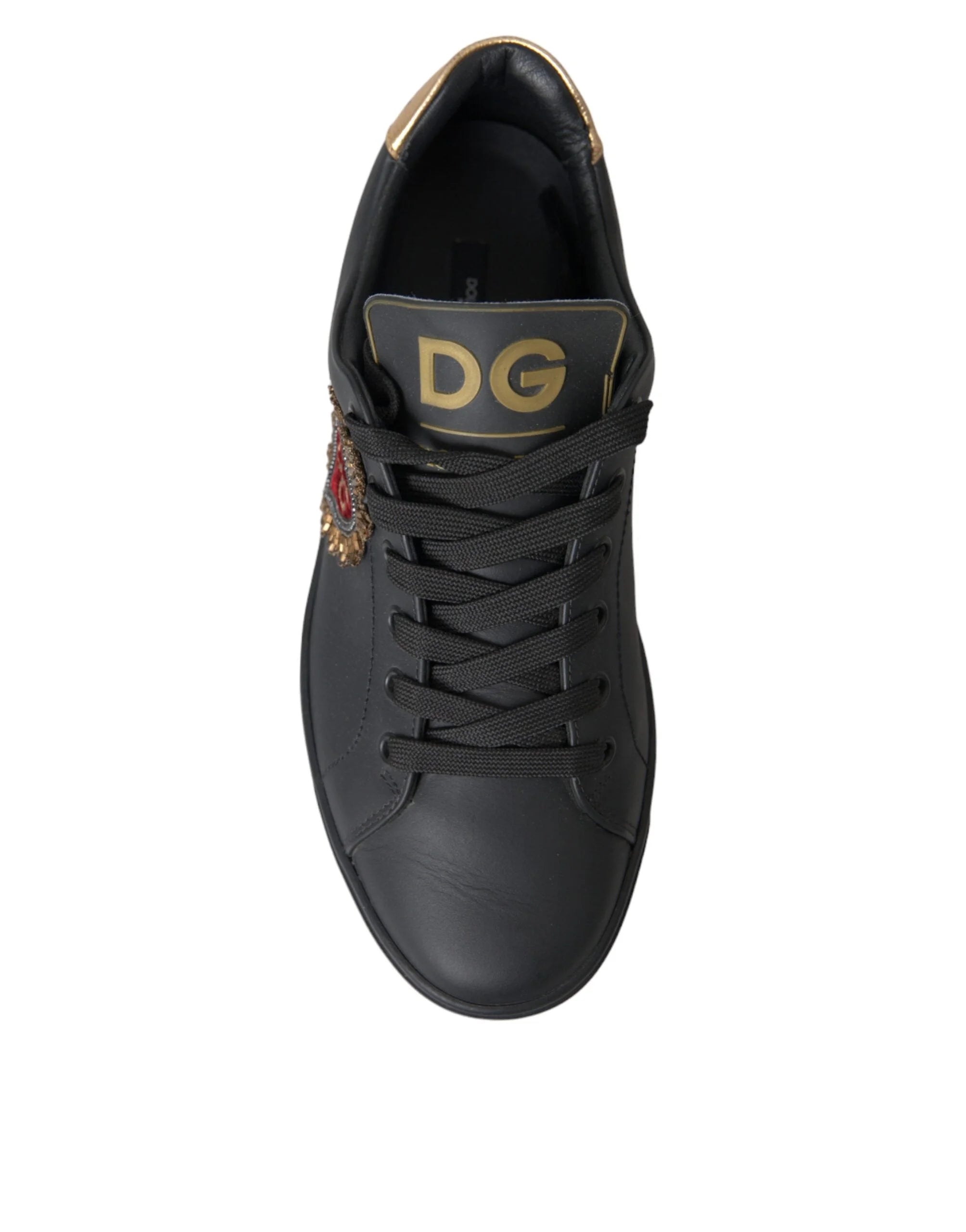 Dolce & Gabbana Black Leather Heart Embellished Sneakers Shoes - Sneakers