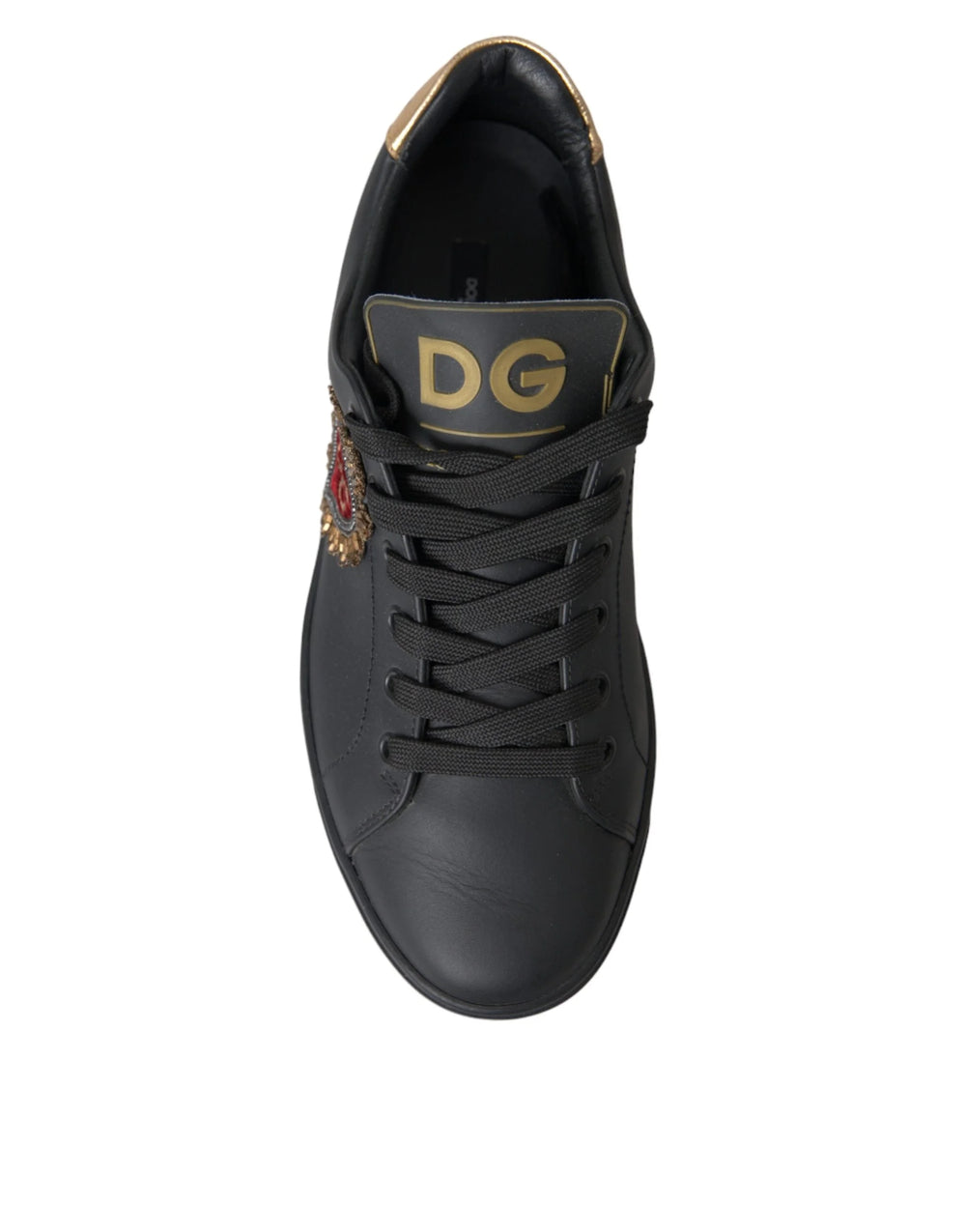 Dolce & Gabbana Black Leather Heart Embellished Sneakers Shoes - Sneakers