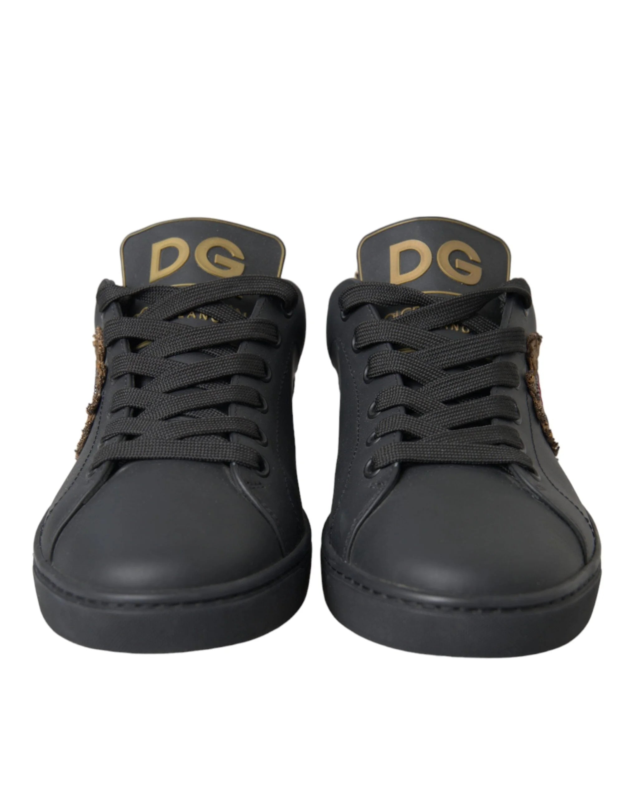Dolce & Gabbana Black Leather Heart Embellished Sneakers Shoes - Sneakers