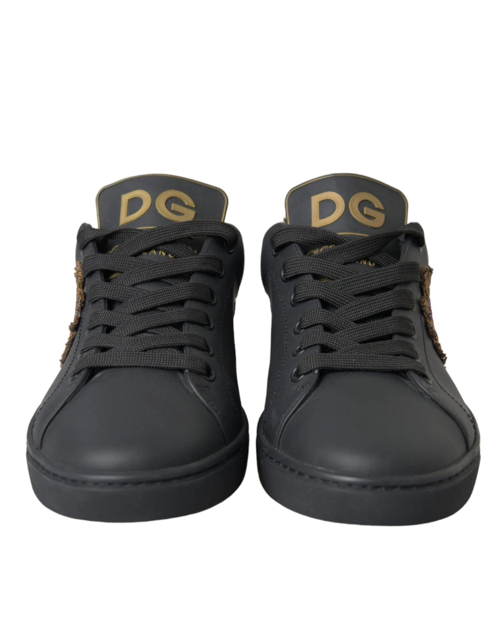Dolce & Gabbana Black Leather Heart Embellished Sneakers Shoes - Sneakers