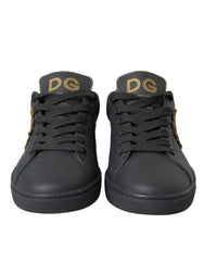 Dolce & Gabbana Black Leather Heart Embellished Sneakers Shoes - Sneakers