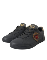 Dolce & Gabbana Black Leather Heart Embellished Sneakers Shoes - Sneakers