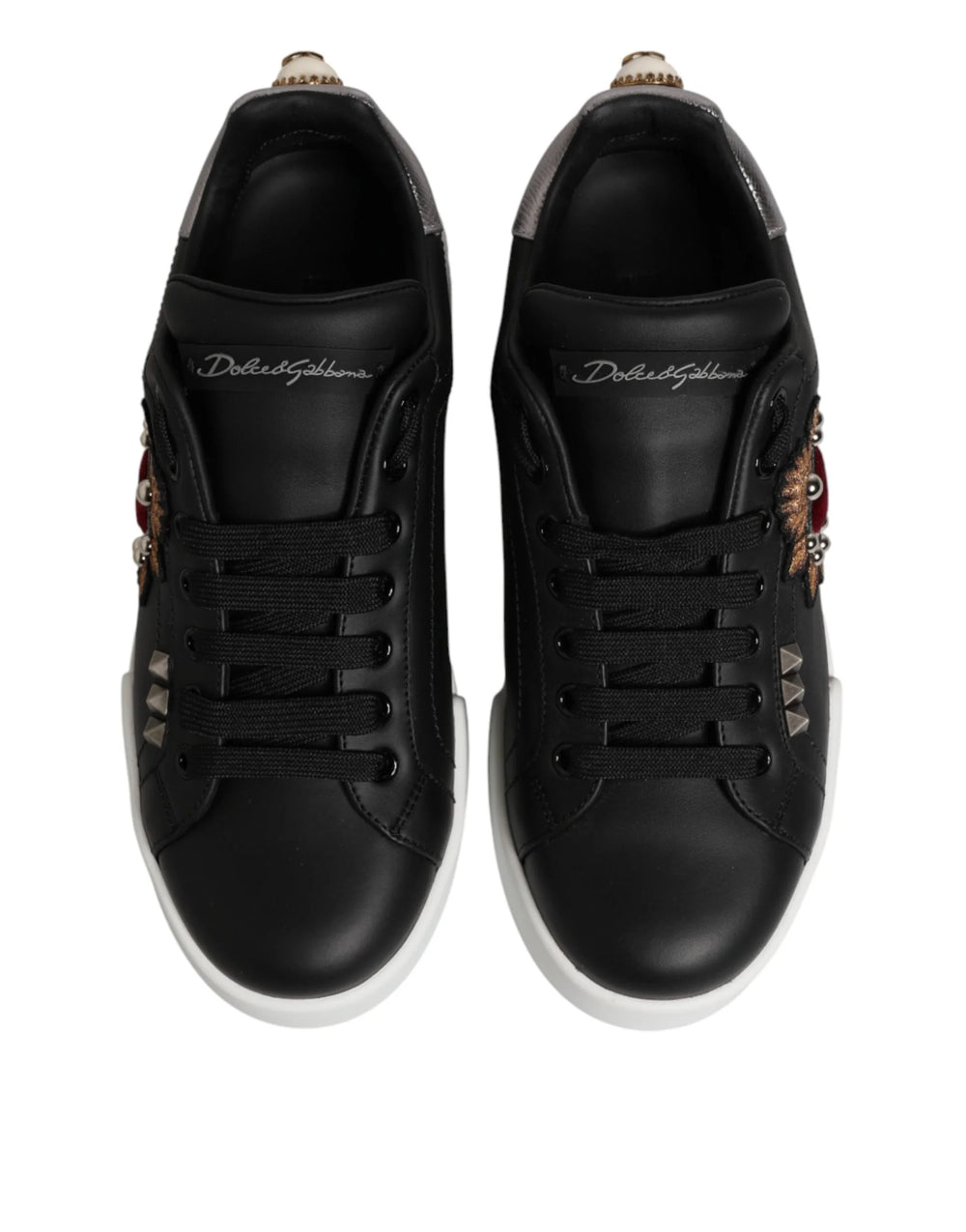 Dolce & Gabbana Black Leather Heart Embellished Sneakers Shoes - EU 39.5 | US 6.5