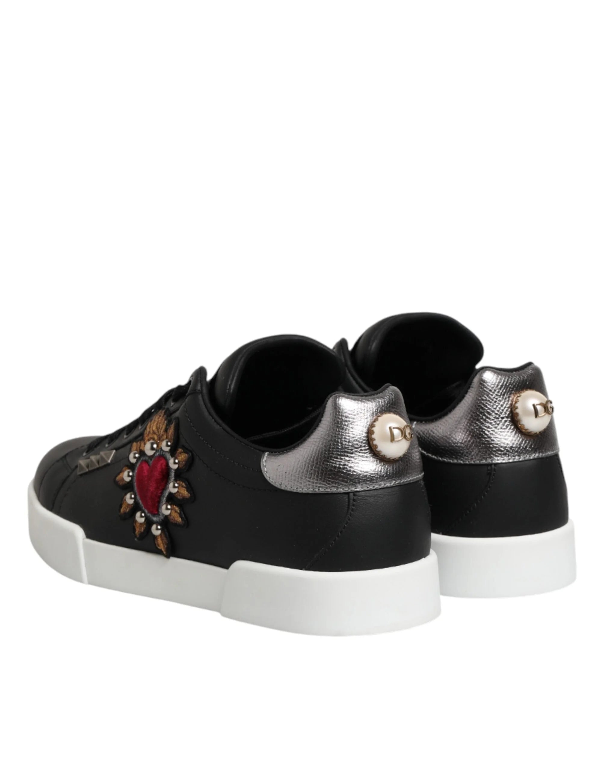 Dolce & Gabbana Black Leather Heart Embellished Sneakers Shoes - EU 39.5 | US 6.5