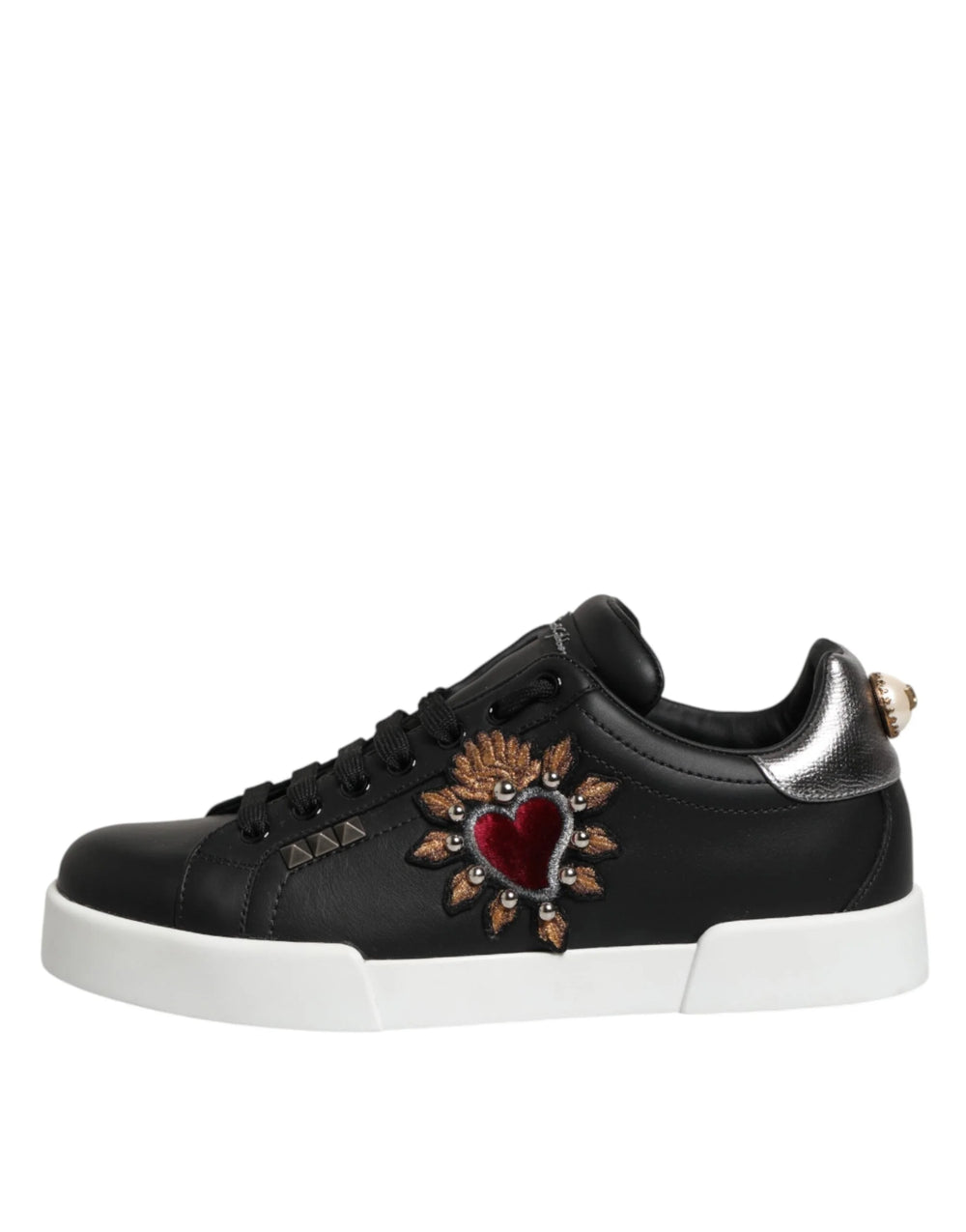 Dolce & Gabbana Black Leather Heart Embellished Sneakers Shoes - EU 39.5 | US 6.5