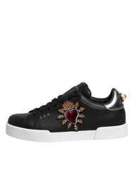 Dolce & Gabbana Black Leather Heart Embellished Sneakers Shoes - EU 39.5 | US 6.5