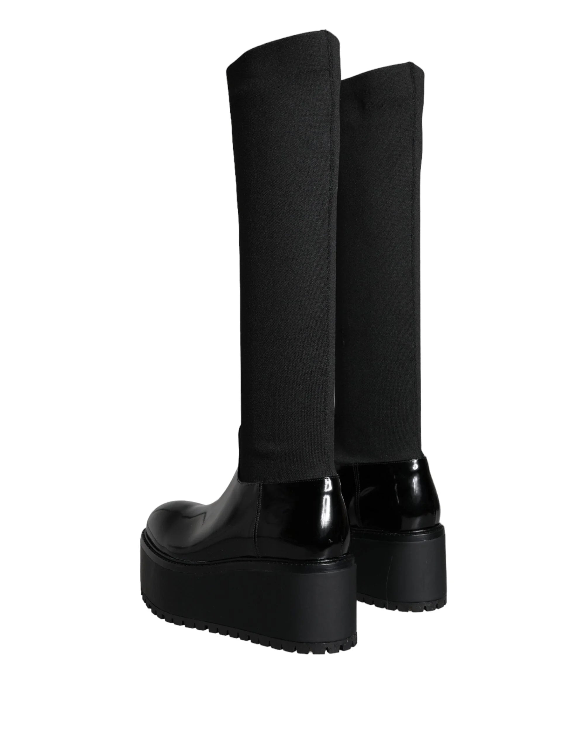 Dolce & Gabbana Black Leather Jersey Knee High Boots Shoes - EU39/US8.5 - Boots