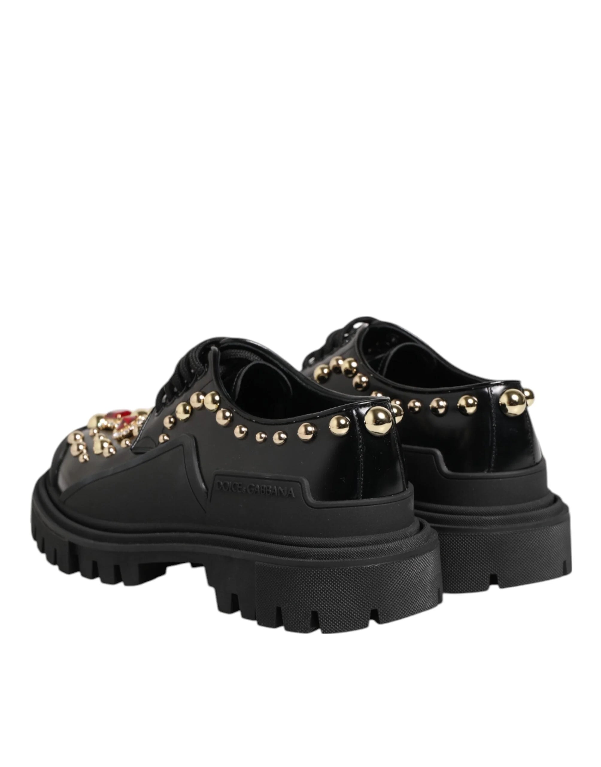 Dolce & Gabbana Black Leather Jeweled Crystals Derby Shoes - Flats