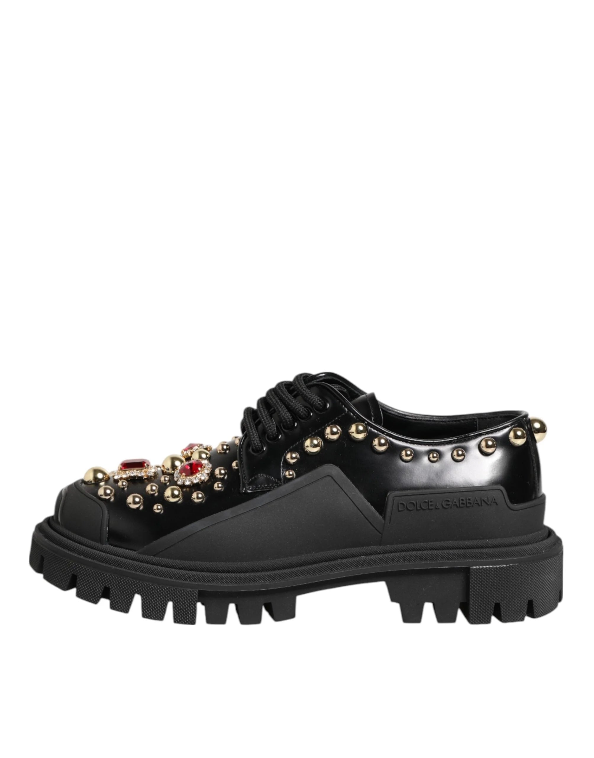Dolce & Gabbana Black Leather Jeweled Crystals Derby Shoes - Flats