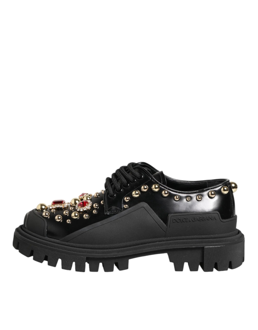 Dolce & Gabbana Black Leather Jeweled Crystals Derby Shoes - Flats