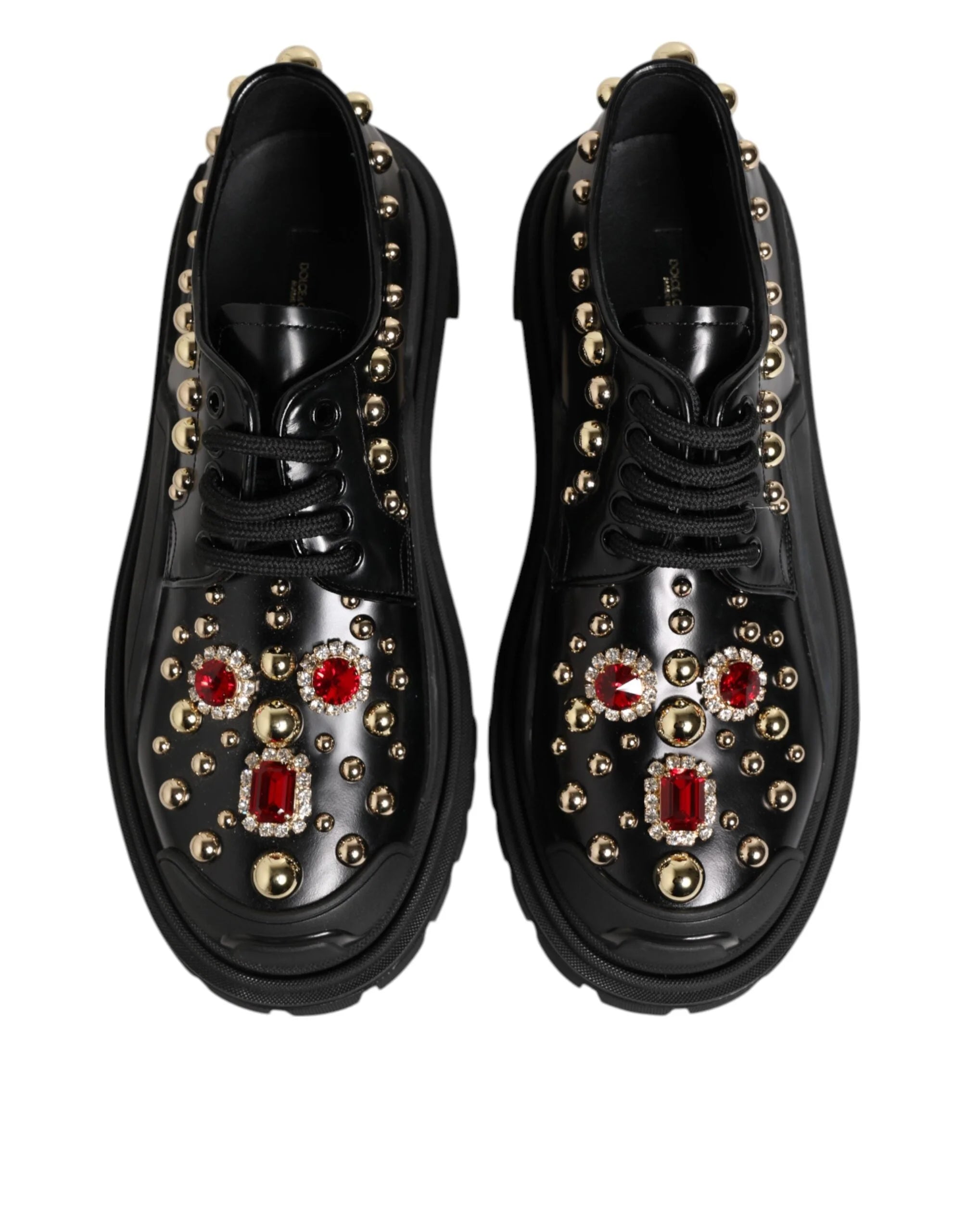 Dolce & Gabbana Black Leather Jeweled Crystals Derby Shoes - Flats