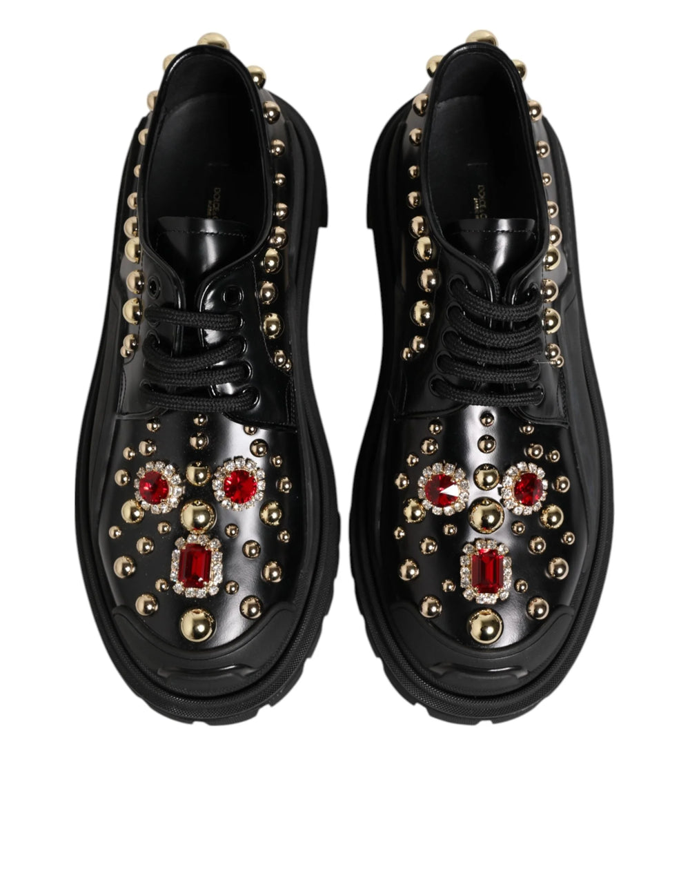 Dolce & Gabbana Black Leather Jeweled Crystals Derby Shoes - Flats