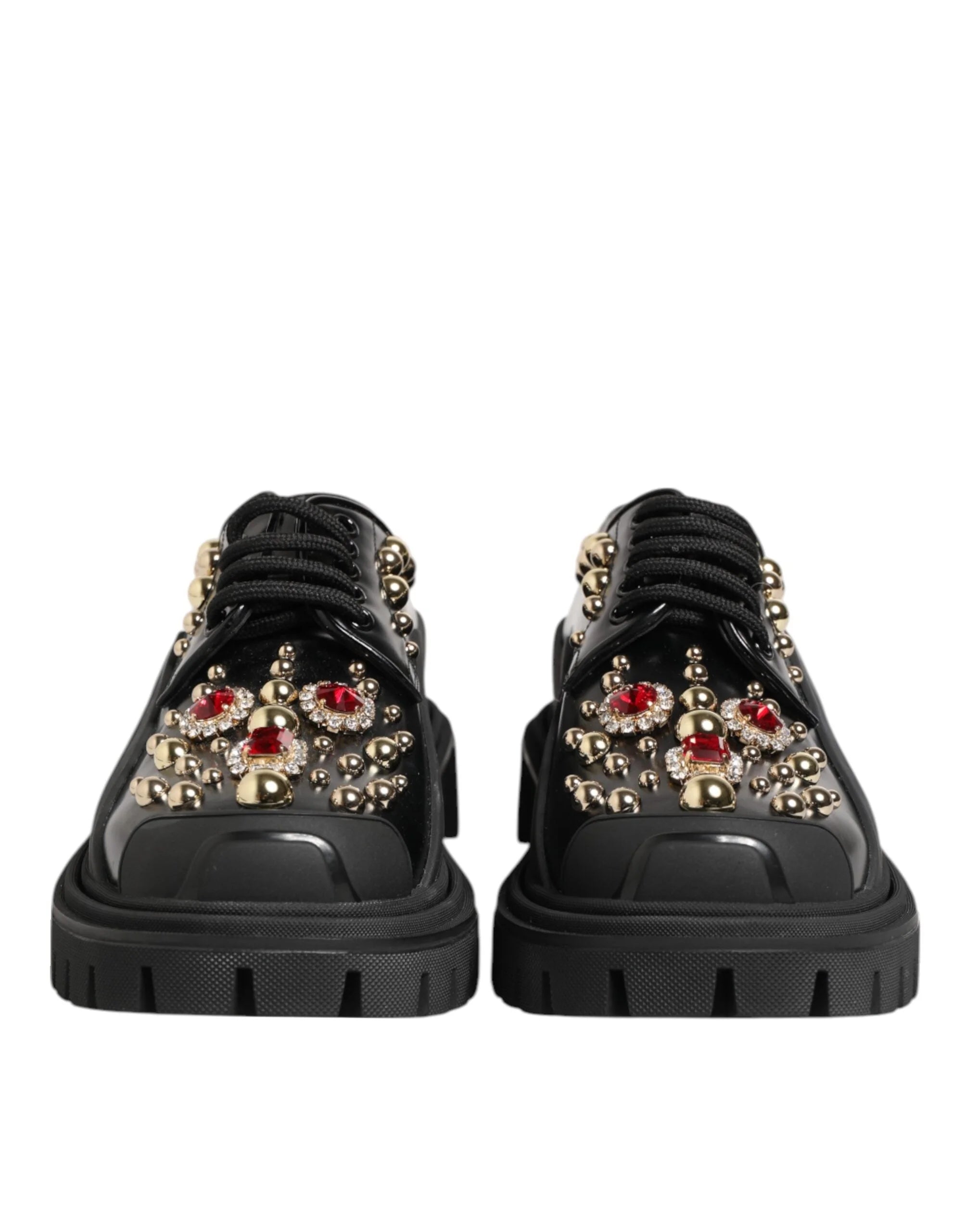 Dolce & Gabbana Black Leather Jeweled Crystals Derby Shoes - Flats