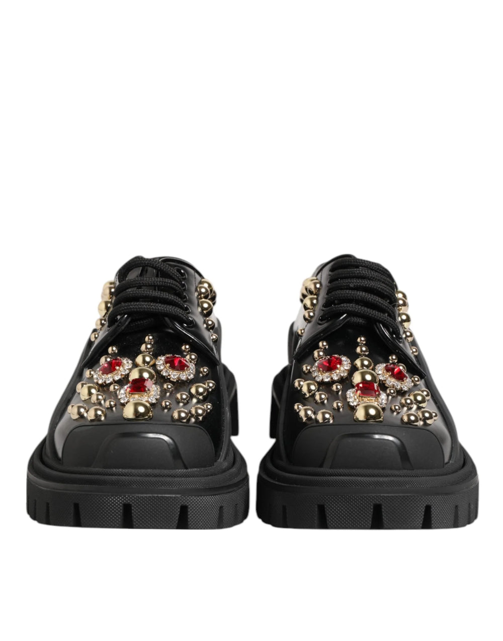 Dolce & Gabbana Black Leather Jeweled Crystals Derby Shoes - Flats