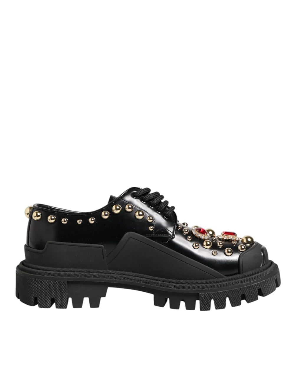 Dolce & Gabbana Black Leather Jeweled Crystals Derby Shoes - Flats