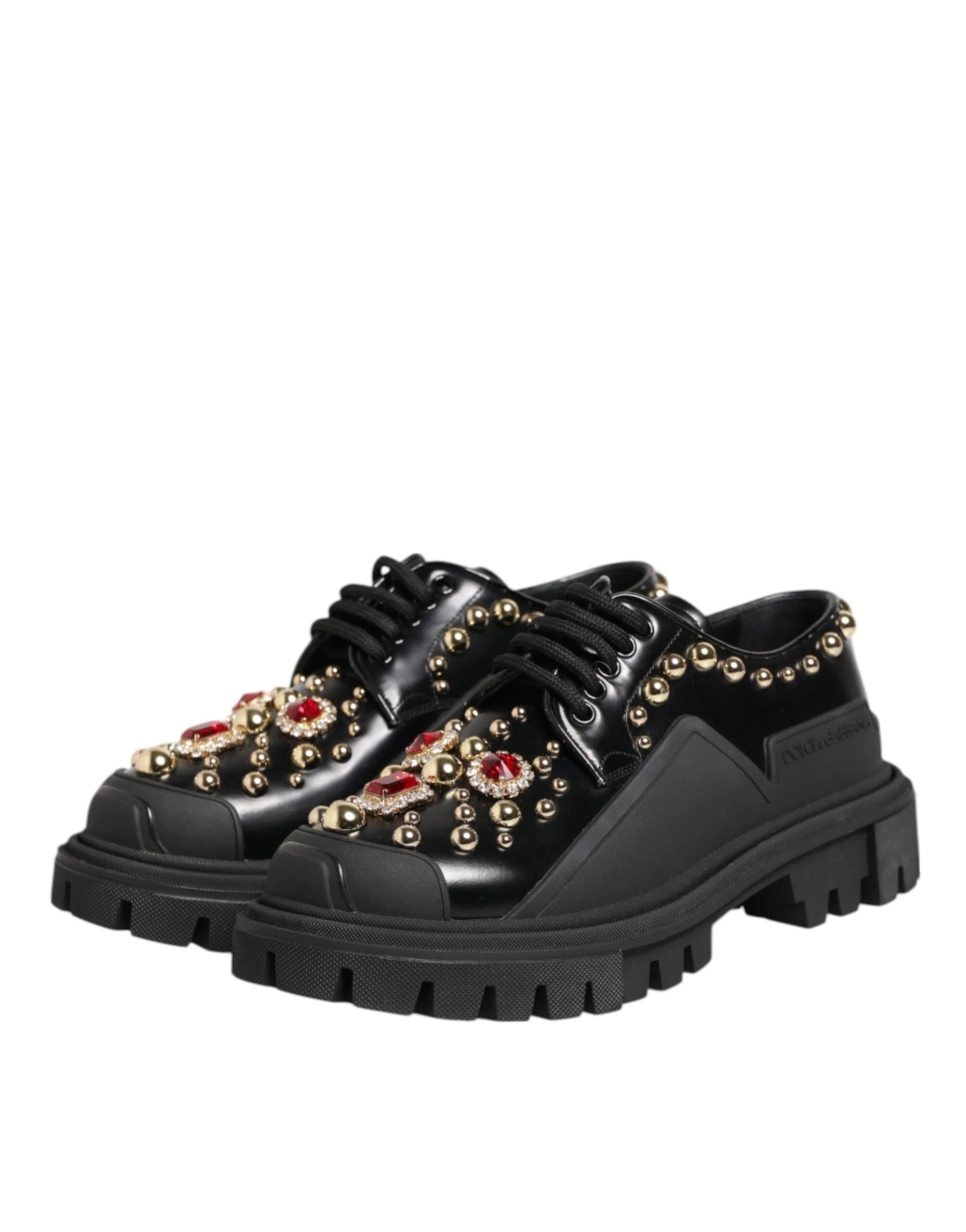 Dolce & Gabbana Black Leather Jeweled Crystals Derby Shoes - Flats